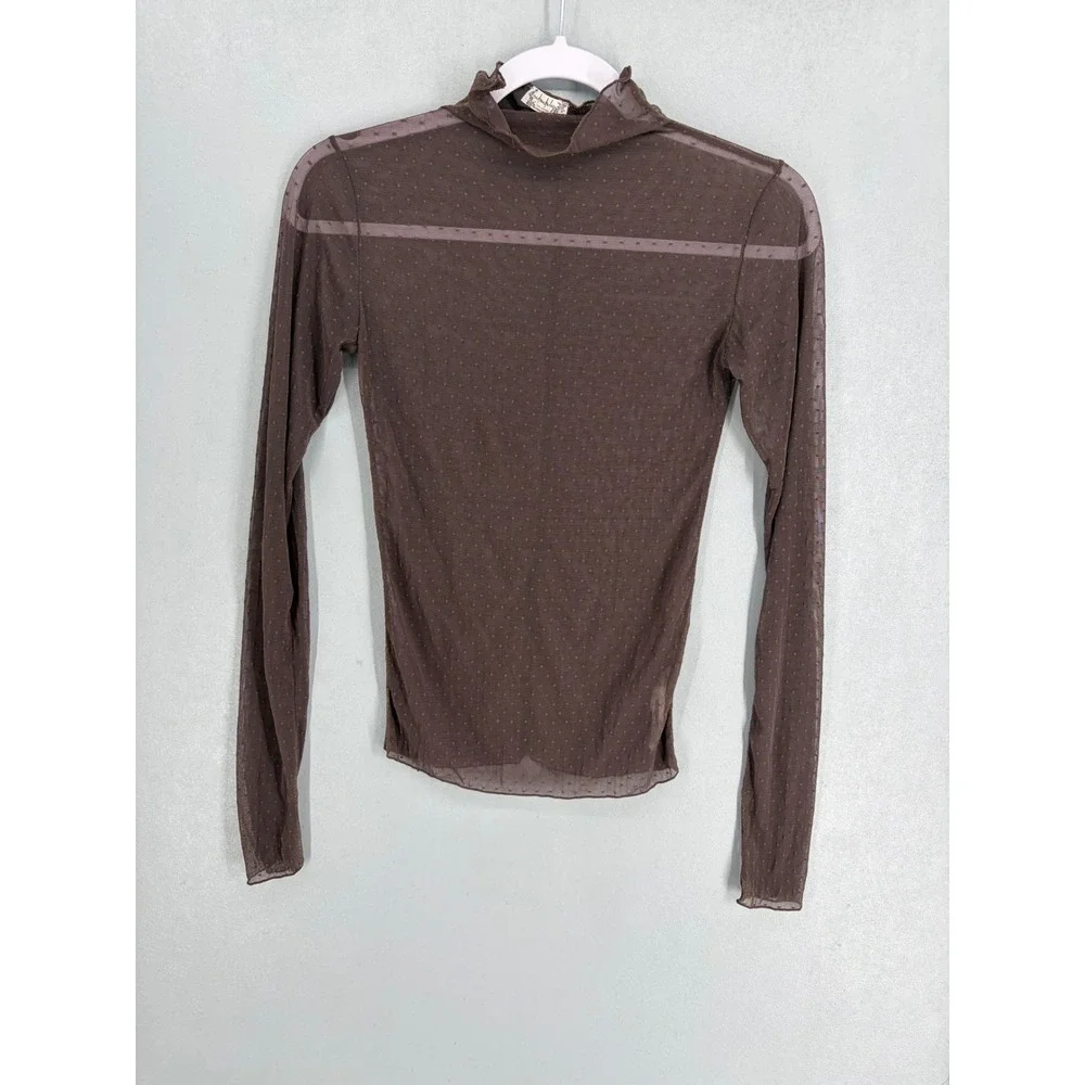 Free People Womens Mesh Top Brown Swiss Dot Sheer Mock Neck XS